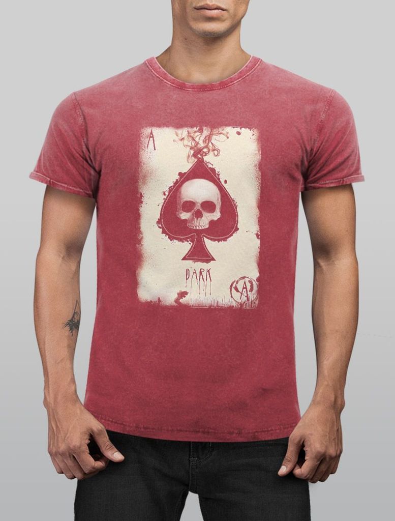 Herren Vintage-Shirt Bedruckt Totenkopf Skull Spielkarte Pik Ass Kartenspiel Printshirt Used Look Neverless rot L