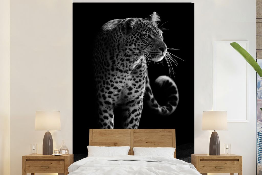 MuchoWow Fototapete für Wohnzimmer oder Schlafzimmer Wandtapete Vinyl Motivtapete Wildtiere - Leopard - Natur - Schwarz - Weiß - 145x220 cm - W...