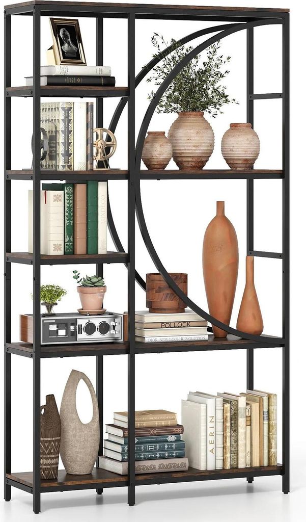 Geometrisches Bücherregal - Standregal - Offene Holzablagen - Metallgestell - Für Büro und Wohnzimmer - Natur