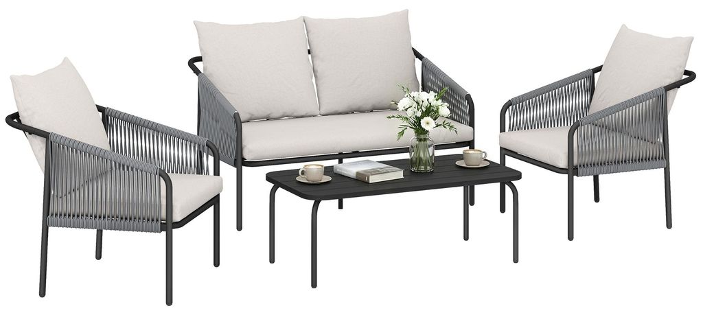 Polyrattan Lounge-Set 4-teilig, 2-Sitzer Sofa + 2 Sessel + Couchtisch, Natur, dicke Sitz- und Rückenkissen mit Bindebändern, pulverbeschichteter ...