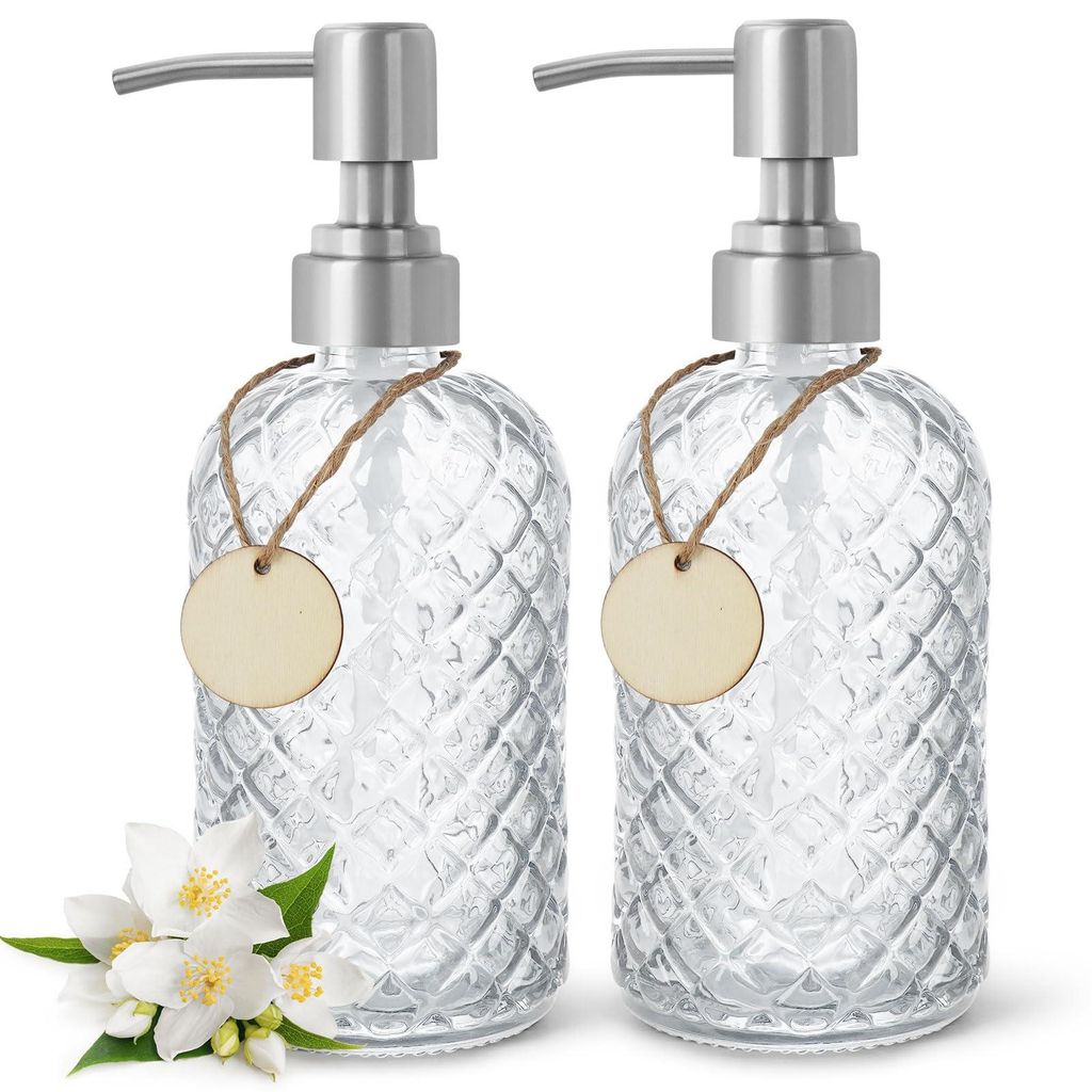 Seifenspender aus Glas mit Edelstein, mit Edelstahlpumpe, 370 ml, Flüssigseifenspender für Küche und Bad, ideal für Lotionen, ätherische Öle ...