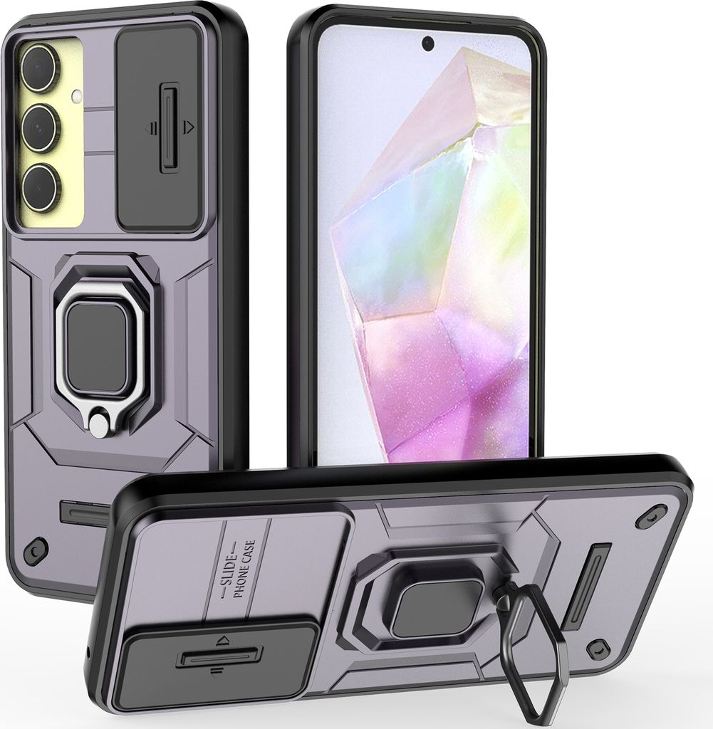 Hülle für Samsung Galaxy A35 Dual Layer Handyhülle Schiebe Kamera Schutz und Ringhalter Ständer Lila