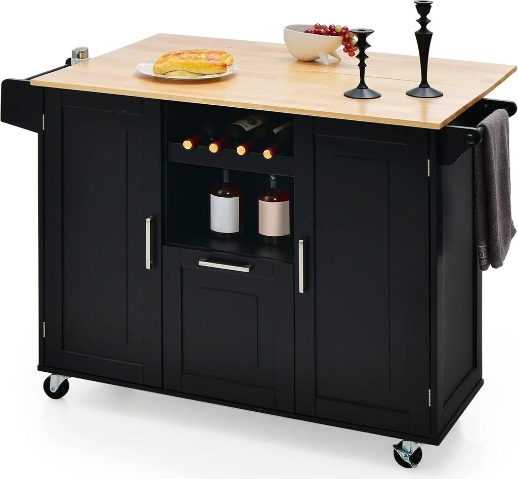A black kitchen island with a wooden countertop is shown against a white background.
