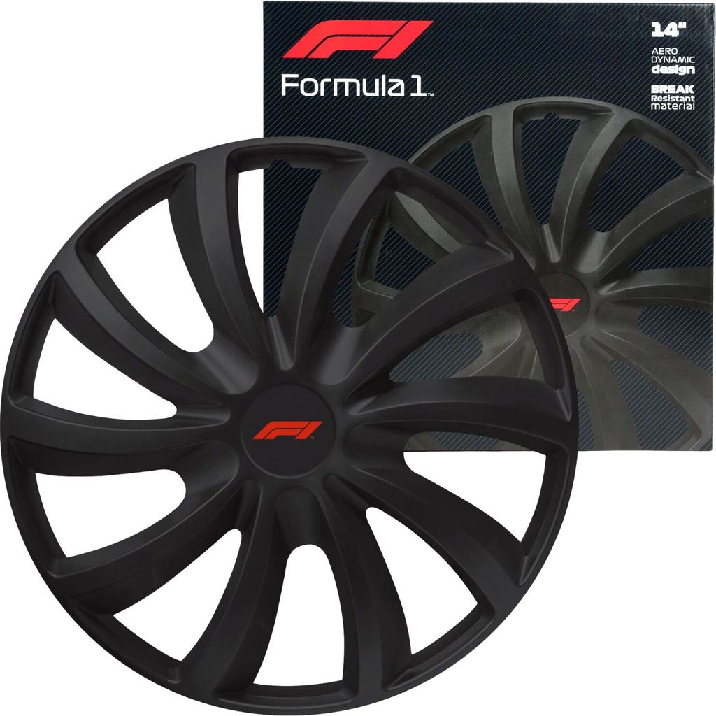 A set of black Formula 1 branded wheel covers with a red F1 logo in the center, shown on a white background with a partial view of the product packaging behind it.