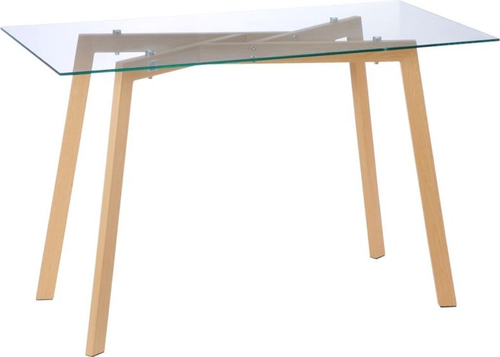 Esstisch für 4 Personen, Glasplatte, Stahlgestell, Holzoptik, 120L x 60B x 76H cm