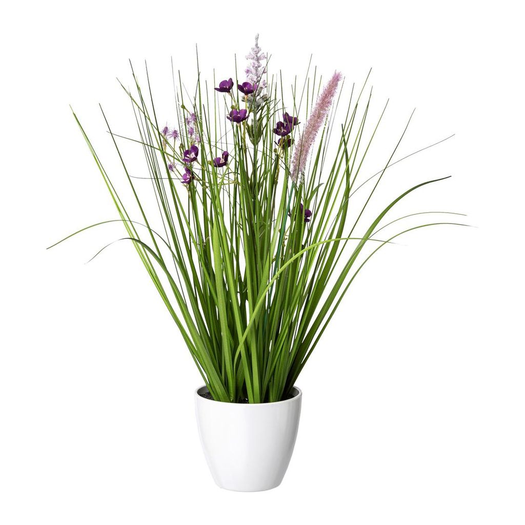 CREATIV green künstlicher Blüten-Gras-Mix im Topf 46cm, künstliches Dekogras mit lila Blüten als Frühlingsdeko