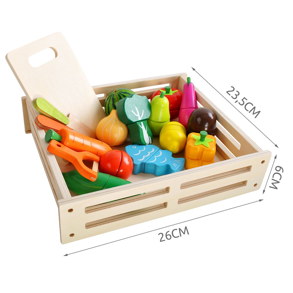 A wooden crate filled with toy fruits and vegetables, with dimensions indicated.