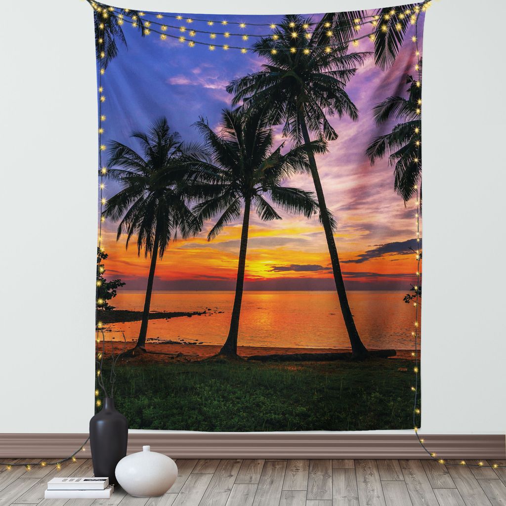 ABAKUHAUS Tropisch Wandteppich, Exotische Palmen-Muster mit Strand und Meer Sonnenuntergang in Hawaii Sommersaison, Wohnzimmer Schlafzimmer Seidige...