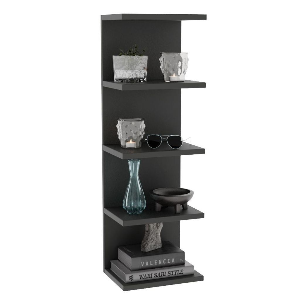 A black matte vertical shelf with various decorative items on it.