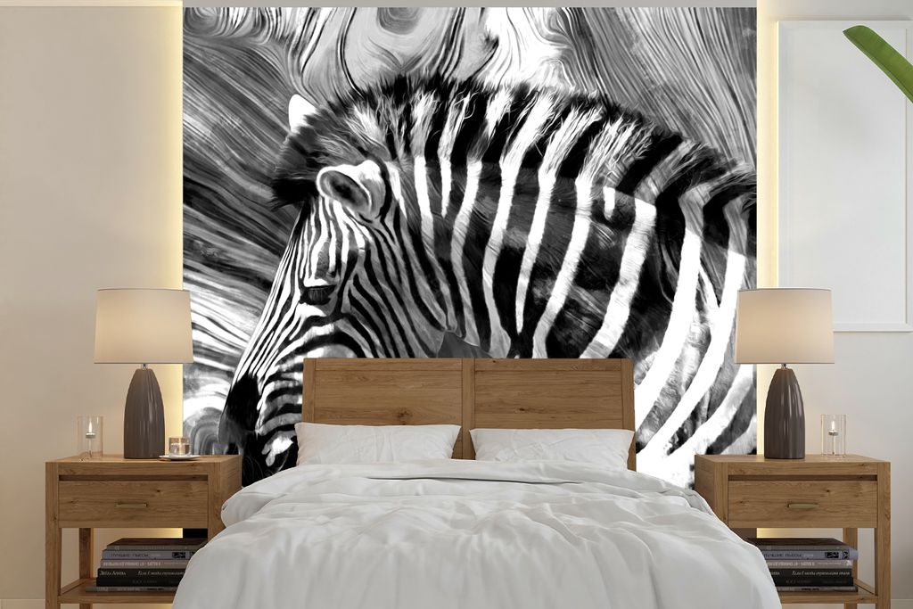 MuchoWow Fototapete für Wohnzimmer oder Schlafzimmer Wandtapete Vinyl Motivtapete Gemälde - Ölfarbe - Zebra - Tiere - Schwarz - Weiß - 300x30...