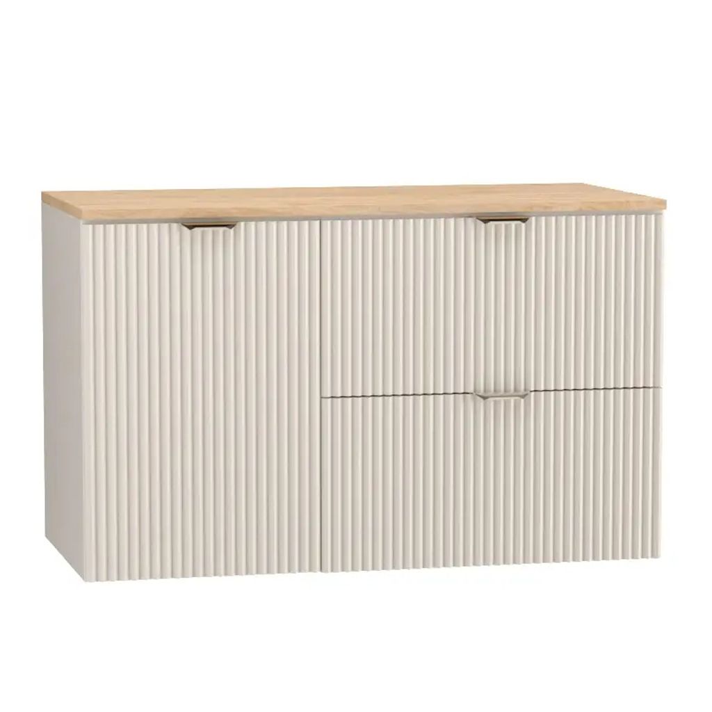 WENA Waschtischunterschrank 100 cm mit Wäschekorb, geriffelte Fronten, Griffe aus Metall in der Farbe Gold (Farbe: Kaschmir/Eiche Platte)