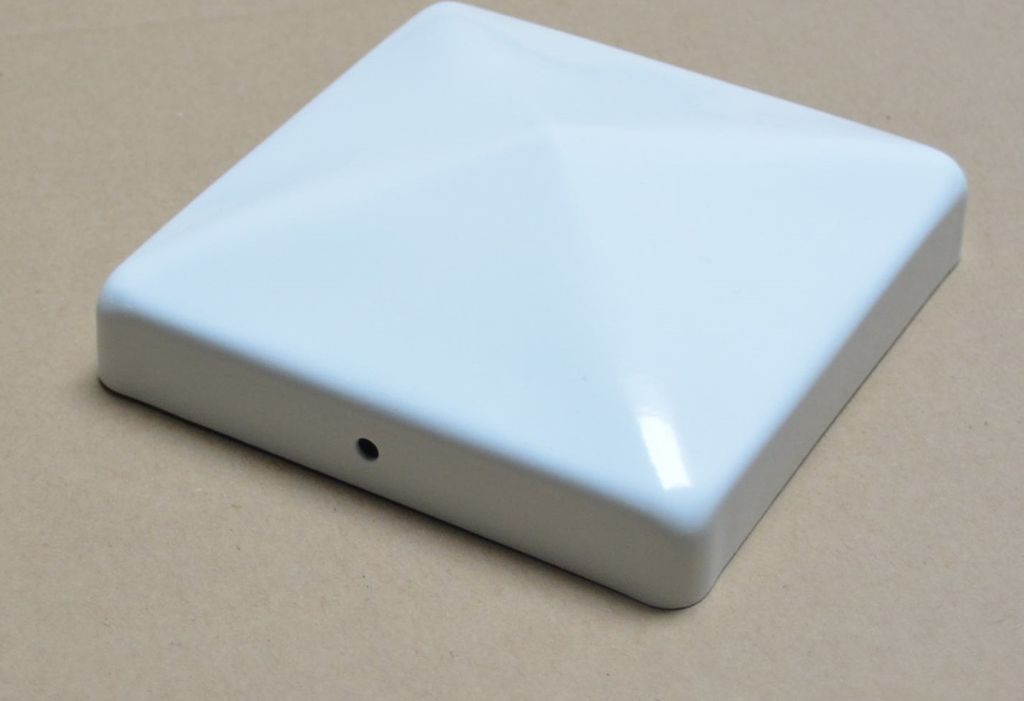 Pfostenkappe aus Stahl, weiß beschichtet in Pyramidenform für Pfosten 8x8 cm - inkl. 2x Edelstahl-Schrauben