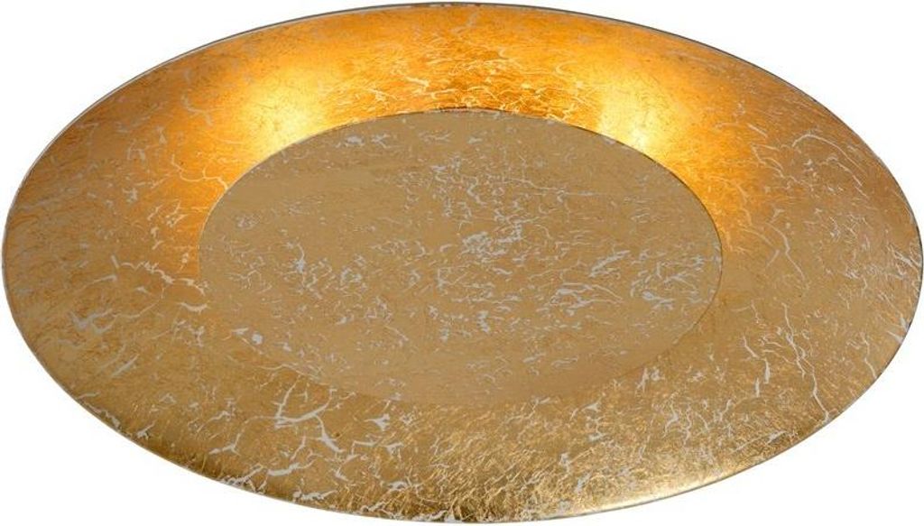 A gold and beige charger plate with a textured surface.