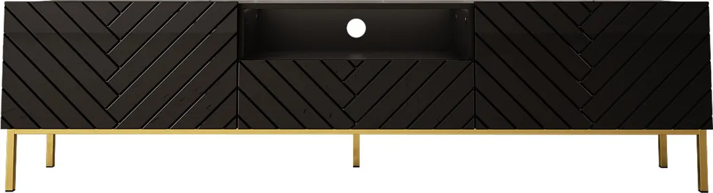 Meuble TV GINAX 190 cm Noir Mat et Brillant avec Cadre Doré Élégant