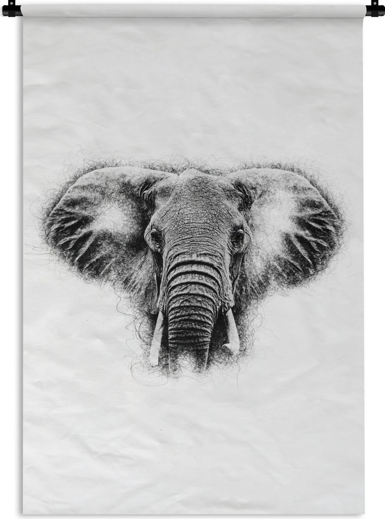 MuchoWow Wandteppich Wandbehang Elefant - Schwarz - Weiß - Tasse 90x135 cm Tapisserie Dekoration Wandtuch - Baumwolle - Wandskulptur