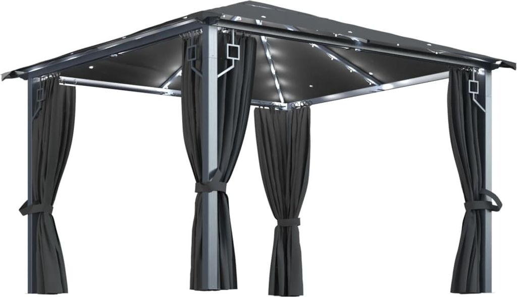 Pavillon mit Vorhängen & LED-Lichterkette 3x3 m Anthrazit Alu