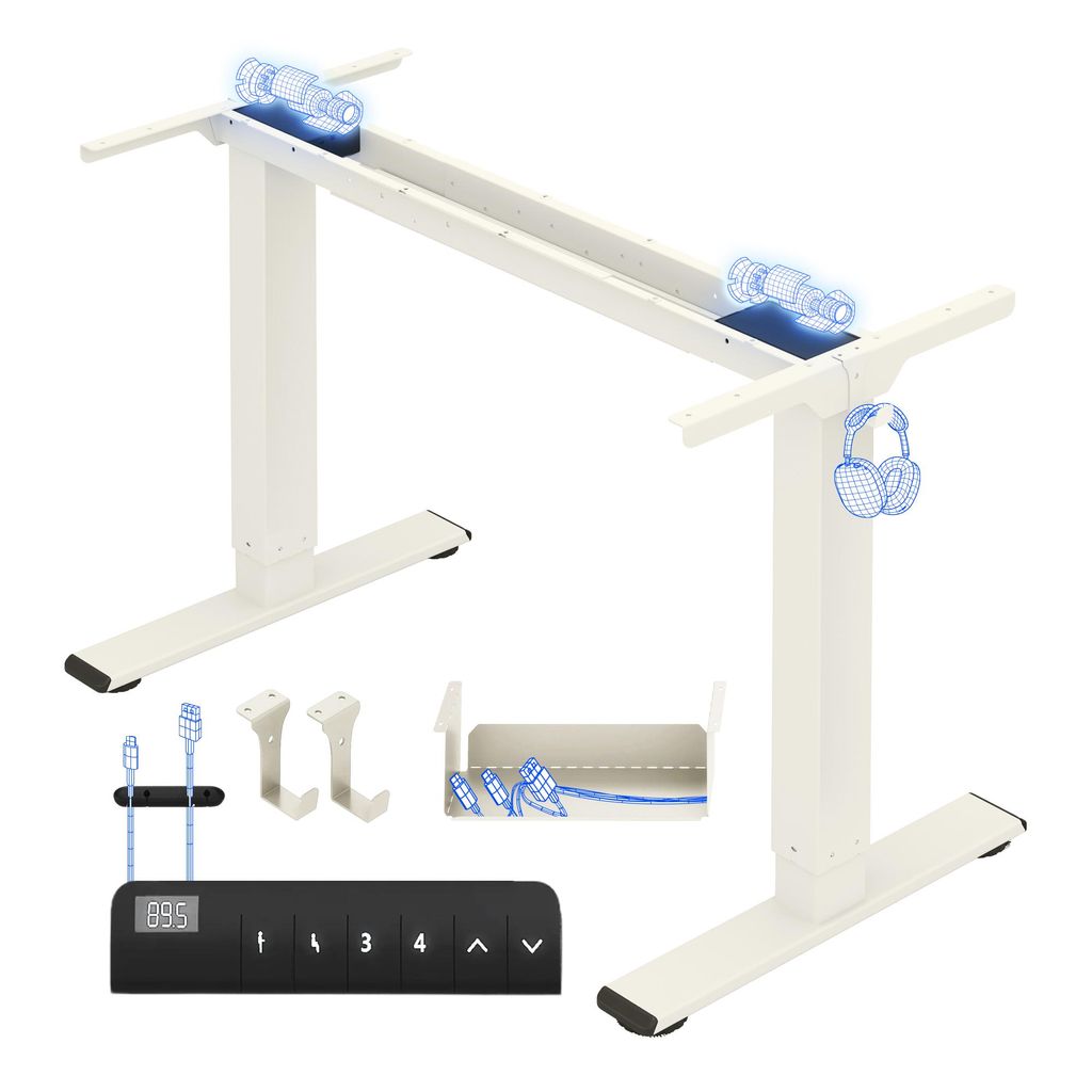 FlexiSpot E1 Pro Höhenverstellbarer Schreibtisch Elektrisch, Dualmotor 120 kg Tragkraft 4 Memory-Steuerung, Anti-Kollisionsschutz (Mousseweiß)