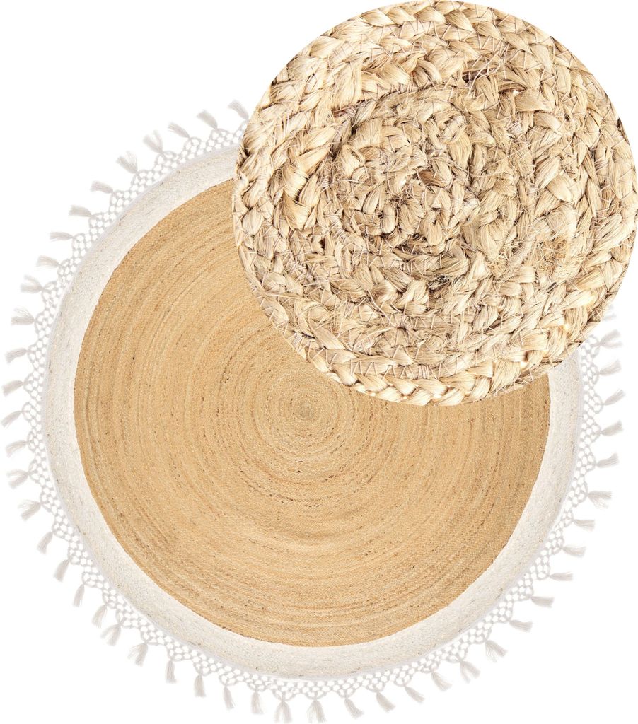 BELIANI Teppich Beige und Weiß Jute Rund ø 200 cm mit Fransen Boho Rustikal Spiralform Geflochten Handgefertigt Natürlich Schlafzimmer Wohnzimmer