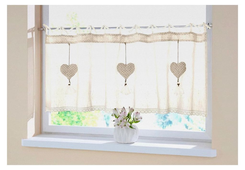 Fenstervorhang Herzhänger 45x140 cm, Creme, mit Häkelborte