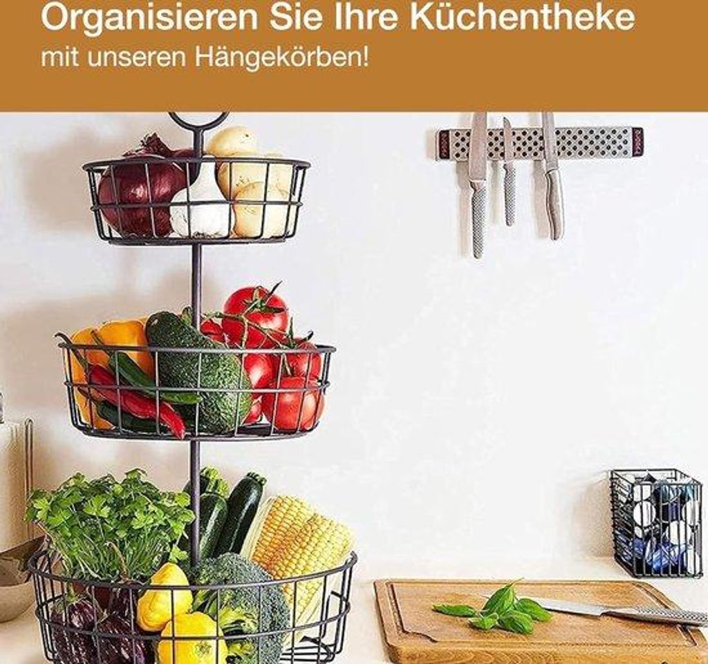 Moderne 3-stöckige Draht-Fruchtschale zum Lagern und Präsentieren von Obst und Gemüse