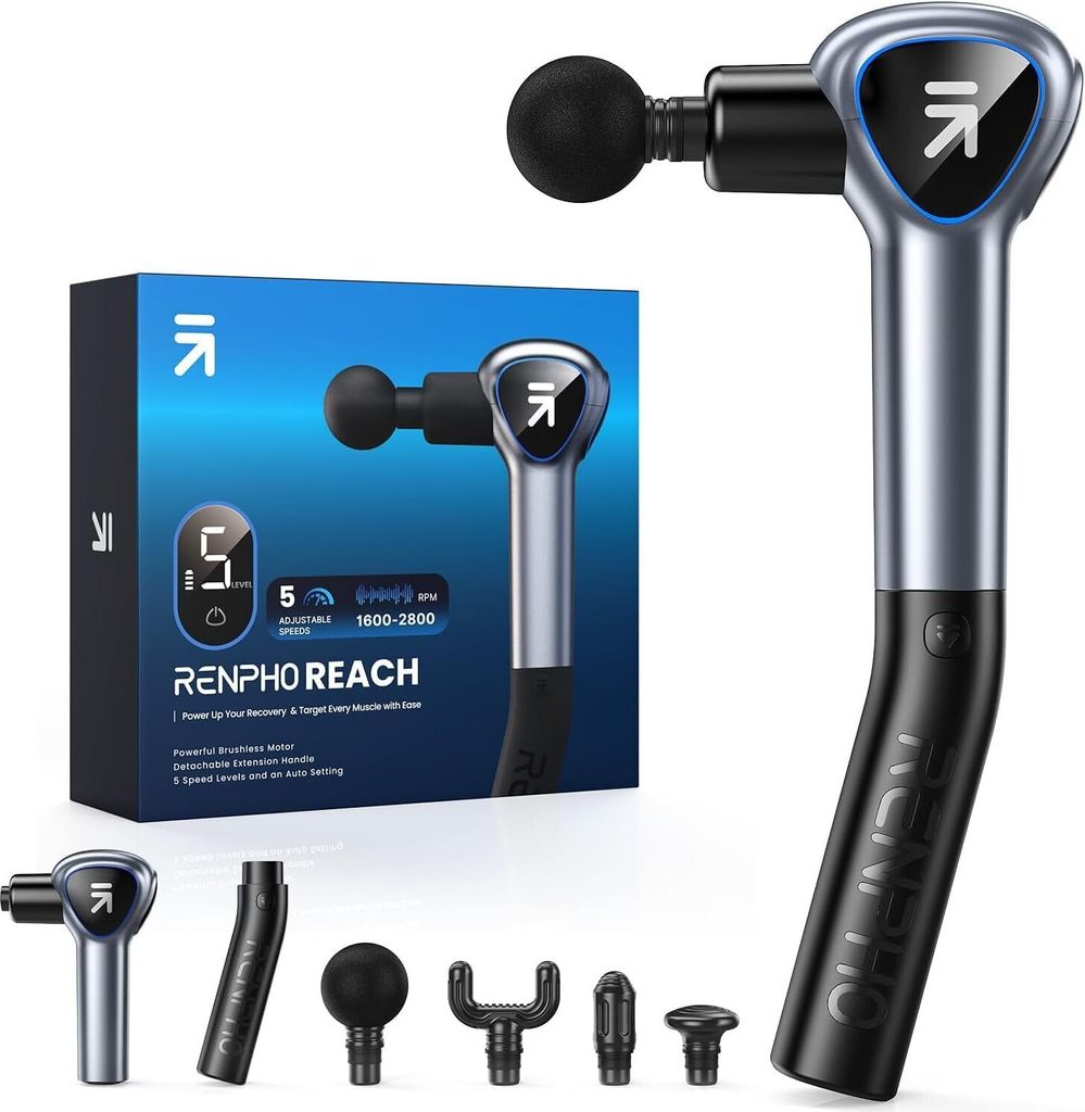 Massagepistole mit Verlängerungs Griff, RENPHO Reach Mini Massage Gun Massagegerät, Muskel Massagepistole mit Berührbarem LED Bildschirm für He...