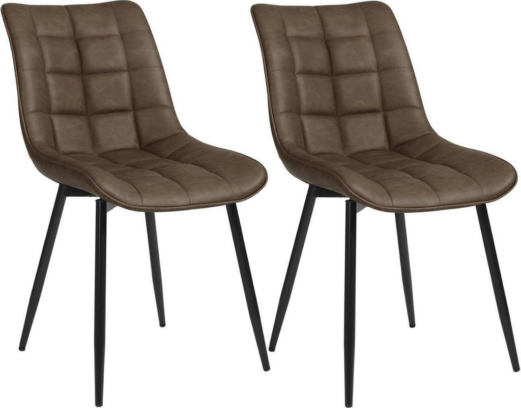 Two brown upholstered dining chairs with black metal legs are shown against a white background.