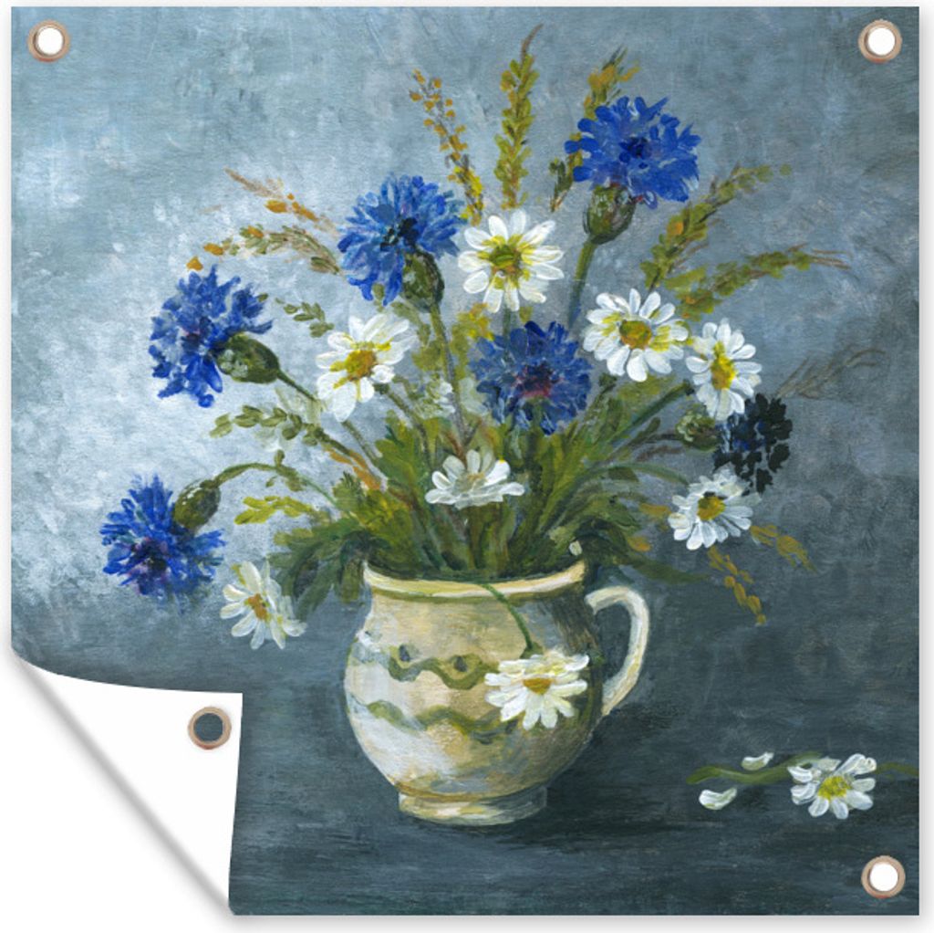 MuchoWow 100x100 cm Outdoor-Poster Gartendeko Sichtschutz Garten Poster für den Garten Eine Illustration von mehreren Kornblumen in einer Vase