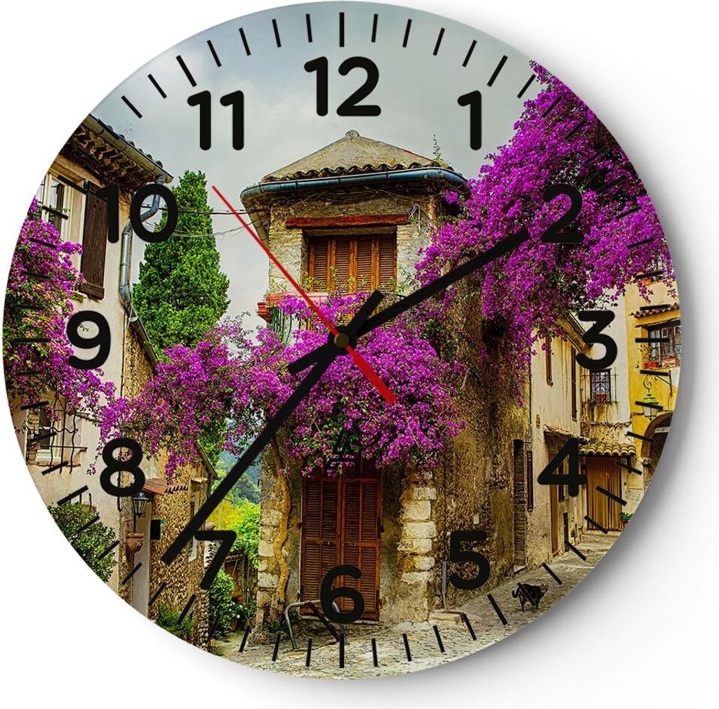 Wanduhr - Rund - Glasuhr - Straße Sommer Blumen - 30x30cm - Schleichendes Uhrwerk - Lautlos - zum Aufhängen bereit - Dekoration Modern - Wanddeko...