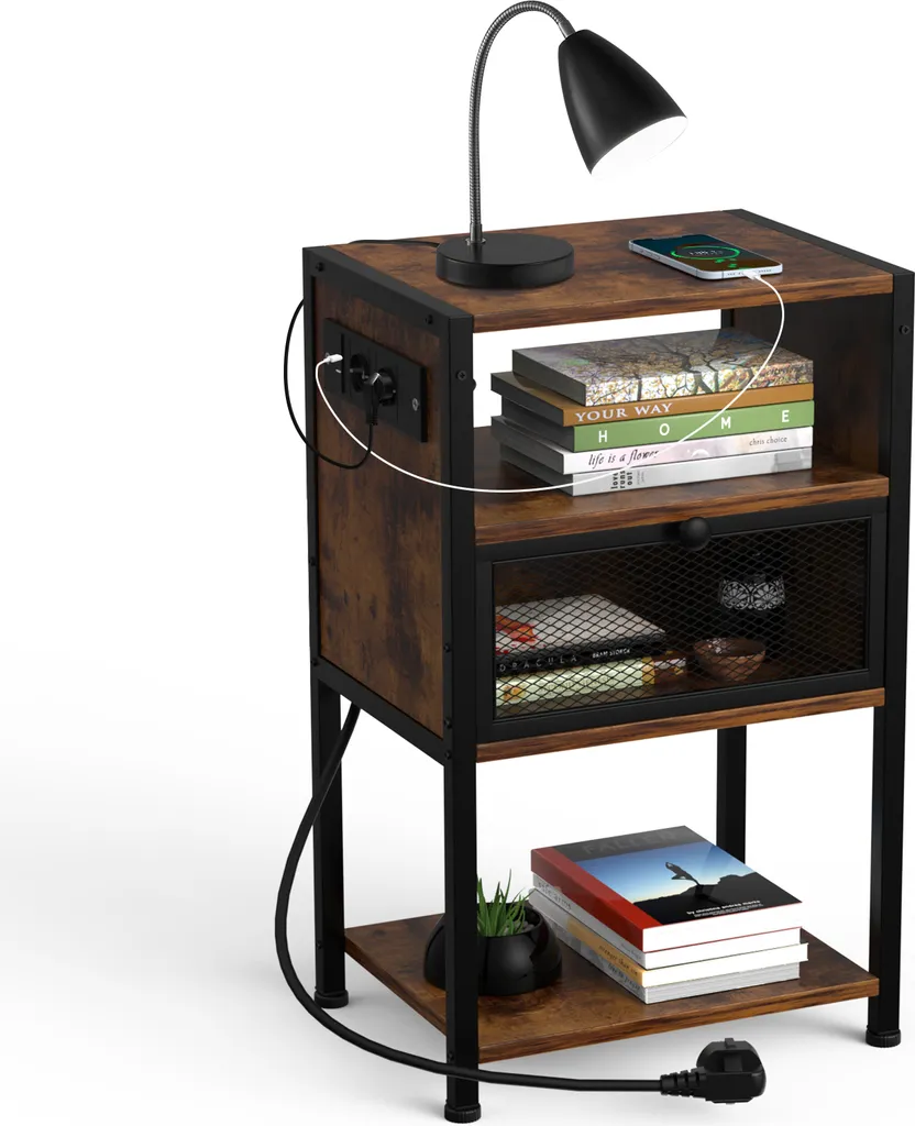 Supfine Table de Nuit avec Tiroirs et Prises USB Intégrées Brun Rustique
