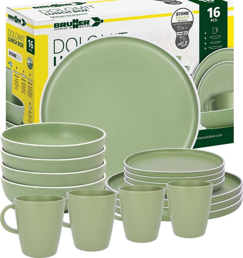 BRUNNER Camping Geschirr Set 4 Personen | Anti-Slip | Lunchbox DOLOMIT, 16-tlg.