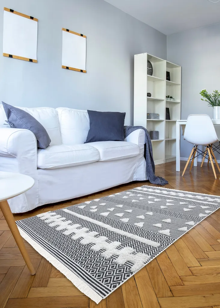 Tapis Éco Sisal à Double Niveau Molletonné Design Géométrique Gris