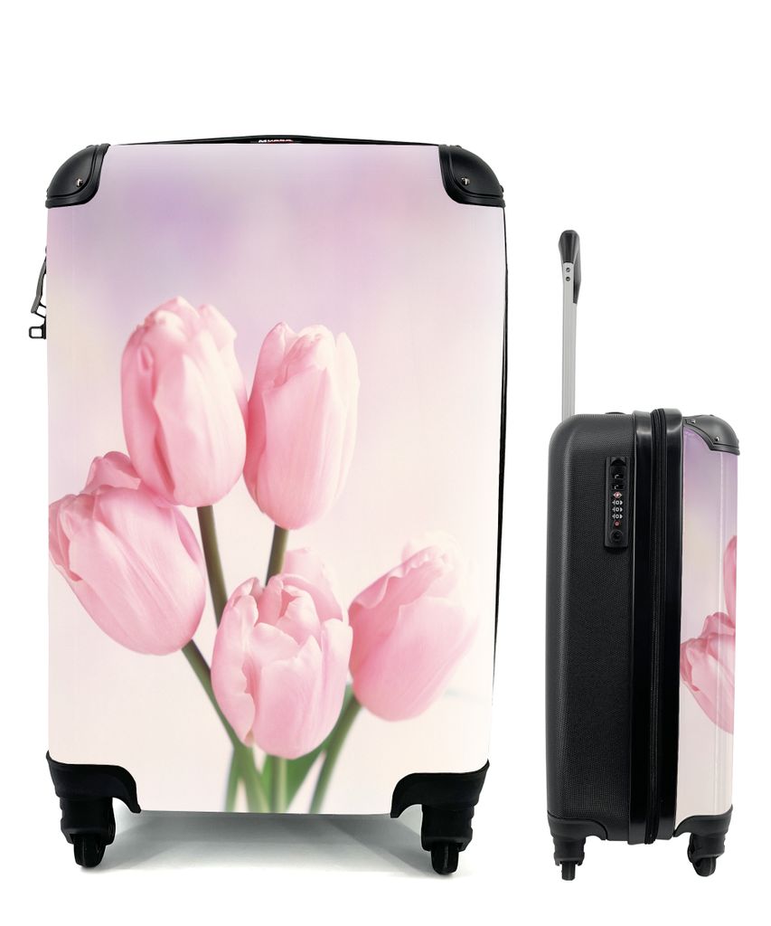 MuchoWow Koffer Handgepäck Trolley Rollkoffer Kleine Reisekoffer mit 4 Rollen - Nahaufnahme von rosa Tulpen - Cabin Size < 55x40x23 cm & 55x40x2...