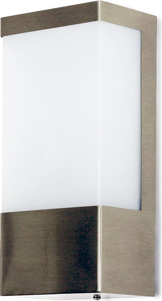 A wall-mounted outdoor light fixture with a brushed nickel frame and a frosted glass diffuser.