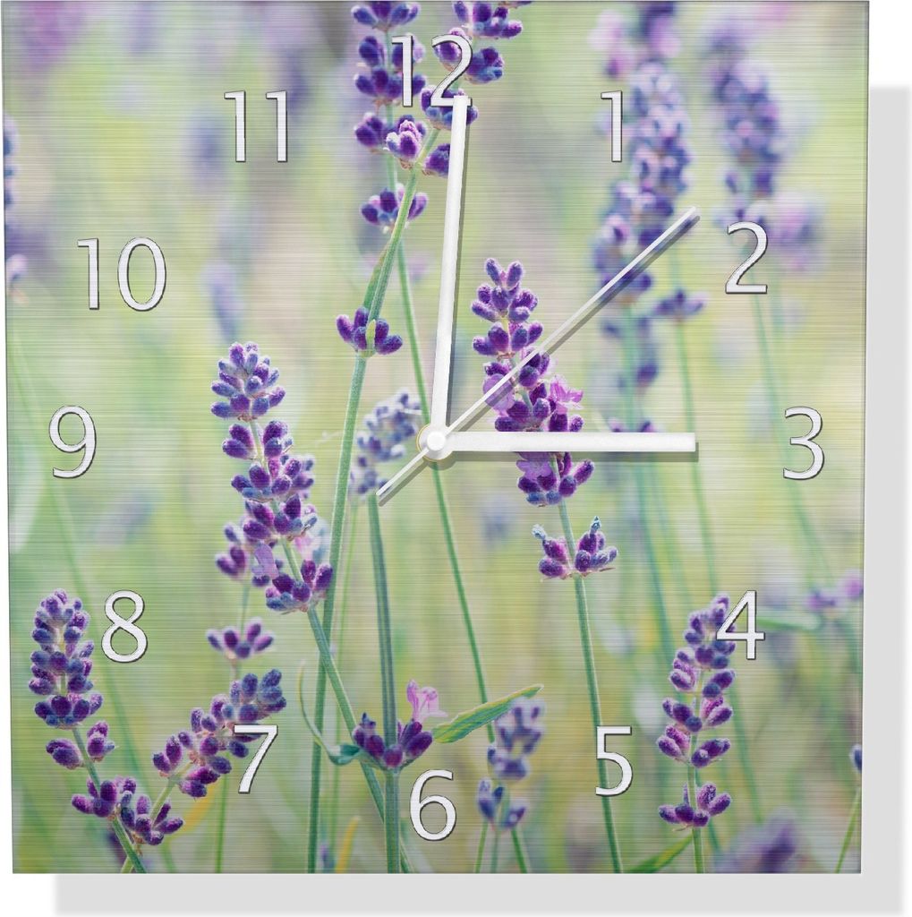 Wallario Design Wanduhr Lila Blumenfreude - Violette Pflanzen auf der Wiese aus Aluverbund, Größe 30 x 30 cm