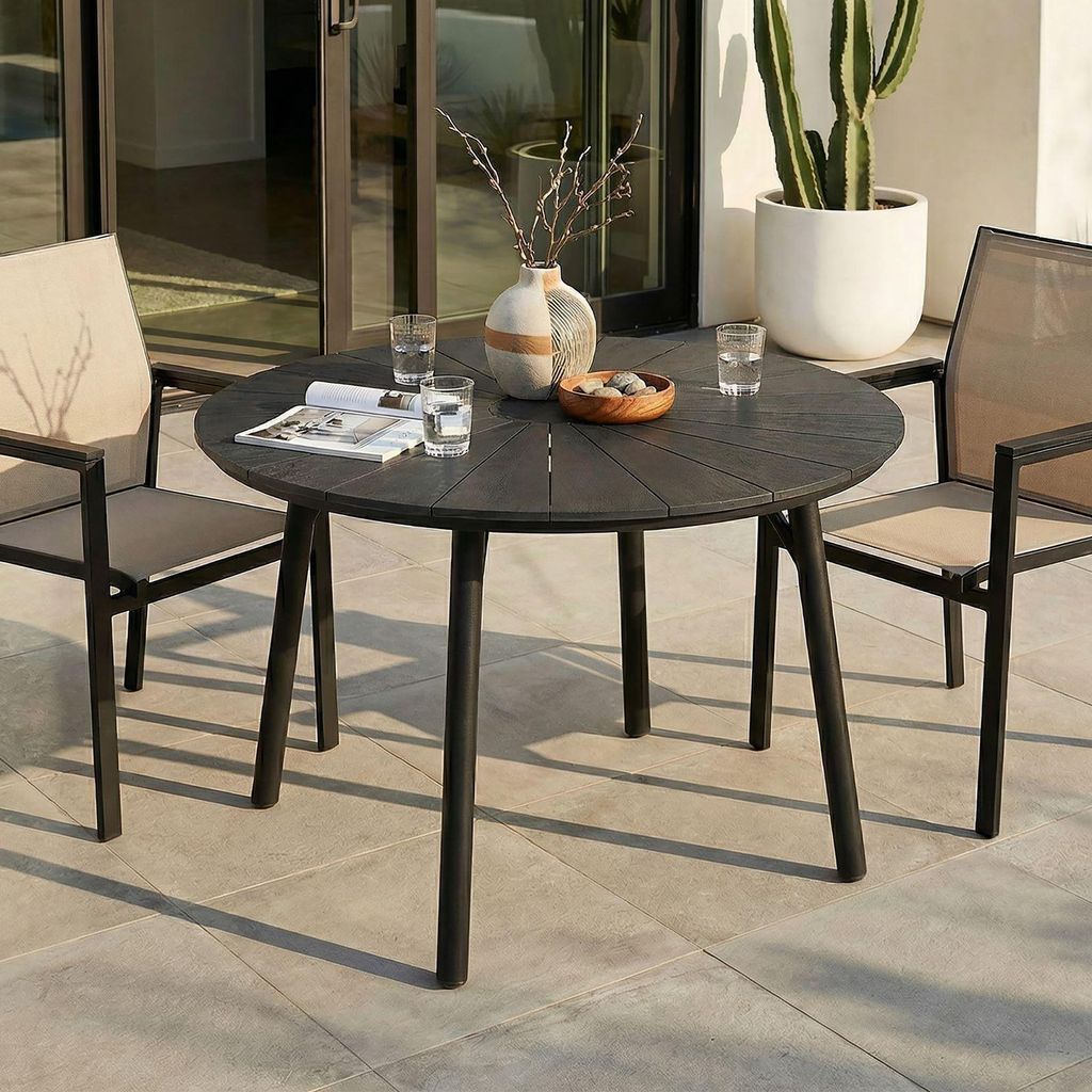 Gartentisch AGAPE rund 120x75cm, Schwarz – wetterfester Outdoor Tisch mit Aluminiumgestell und pflegeleichter WPC-Tischplatte in Holzoptik für G...
