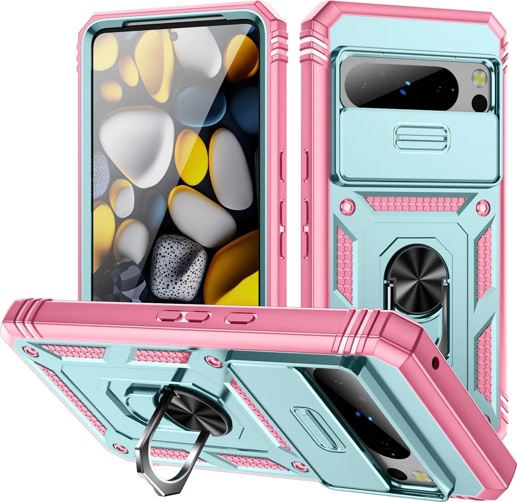 Custodia per Google Pixel 8 Pro protezione fotocamera scorrevole, robusta antiurto, con supporto ad anello, cavalletto e porta carte di credito Rosa Verde