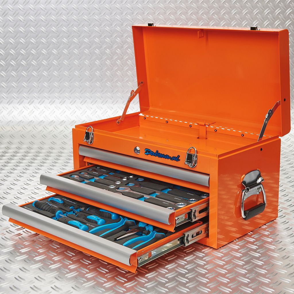 Werkzeugkiste drei Schubladen - 2 Schubladen bestückt - Orange