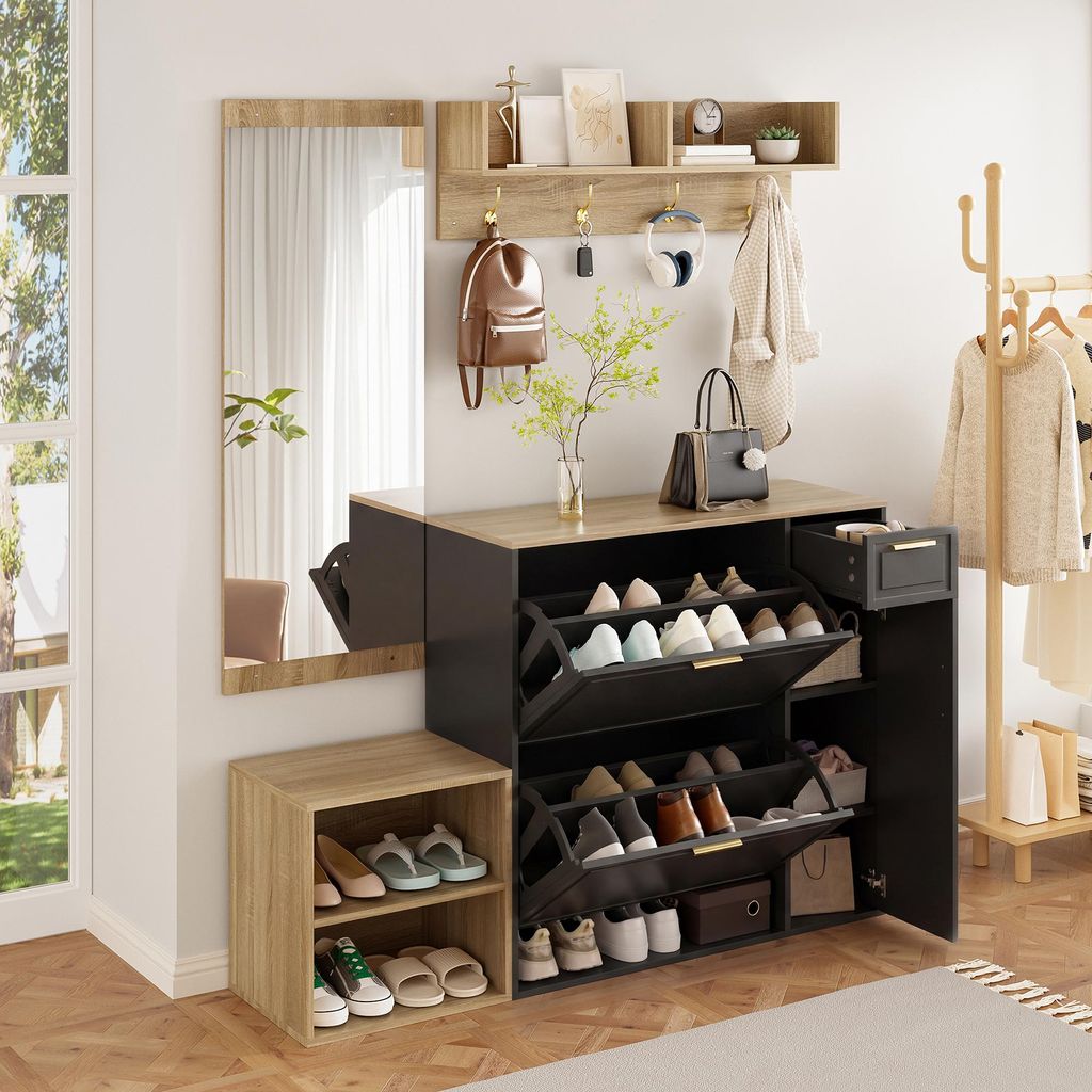 STILVORA Garderoben-Set 4-teilig mit Schuhschrank, Sitzbank und Spiegel, Flurmöbel-Set mit Wandgarderobe für Diele und Eingangsbereich, Schuhschr...