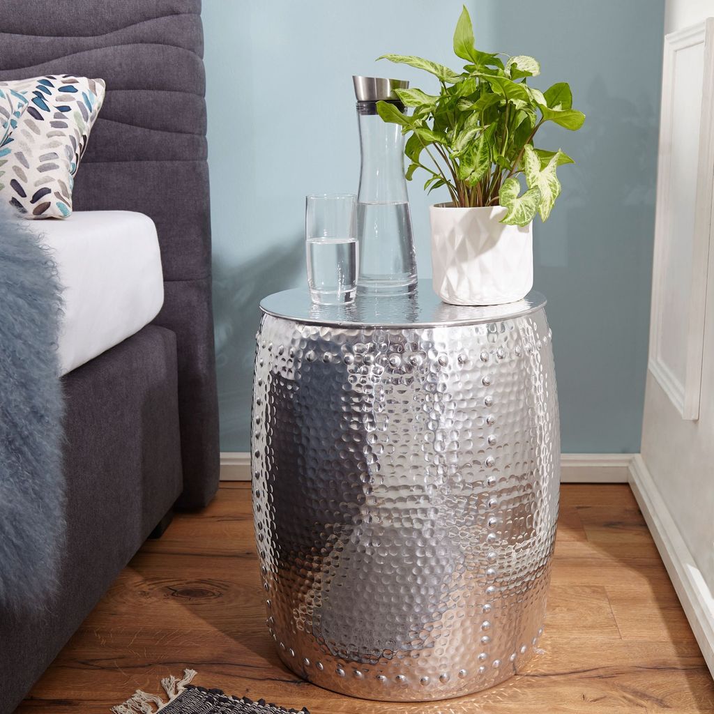 FineBuy Beistelltisch rund 42 cm Metall silber - Orientalischer Design Wohnzimmertisch Aluminium - Hammerschlag Alu kleiner Couchtisch - Dekotisch