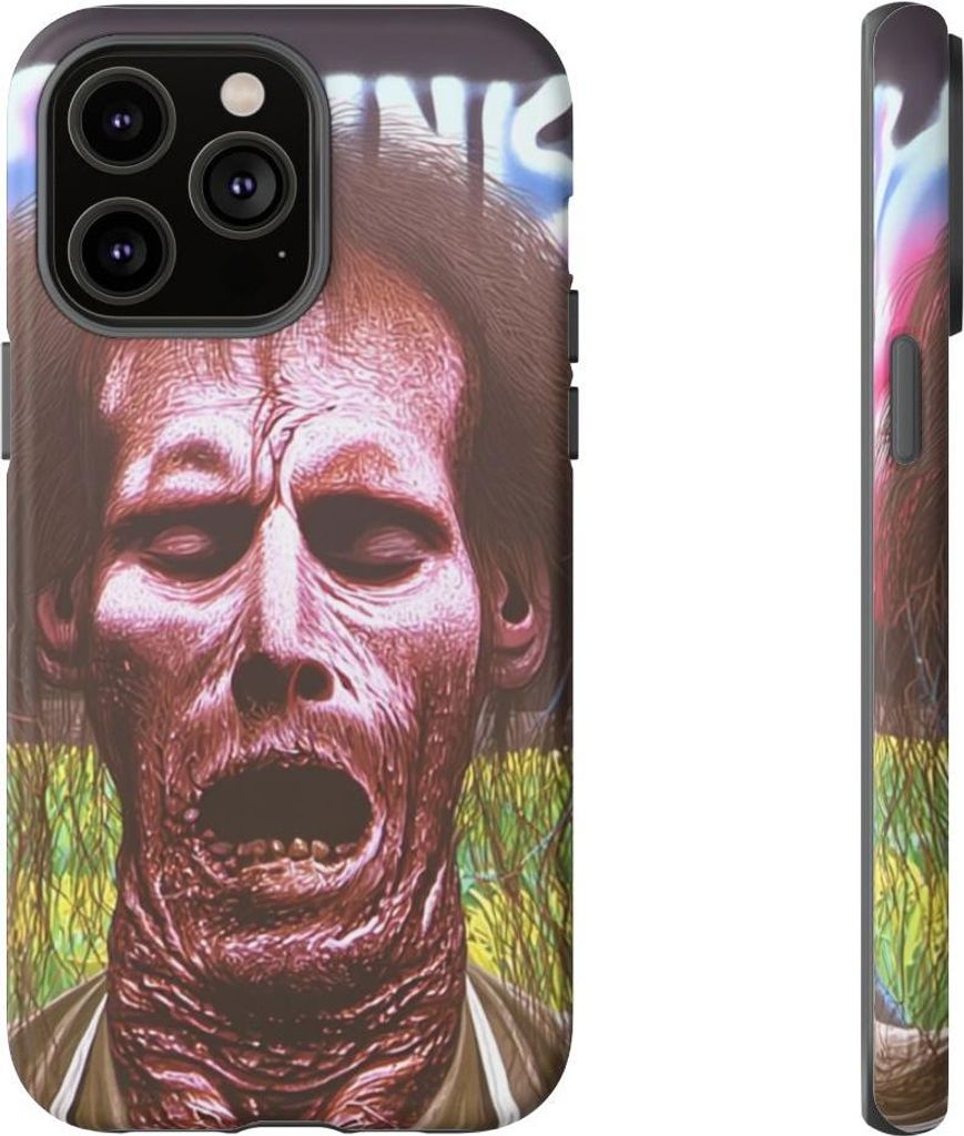 Surreales Zombiegesicht vor feurigem Himmel – Hülle Kompatibel mit iPhone 14 Pro Max