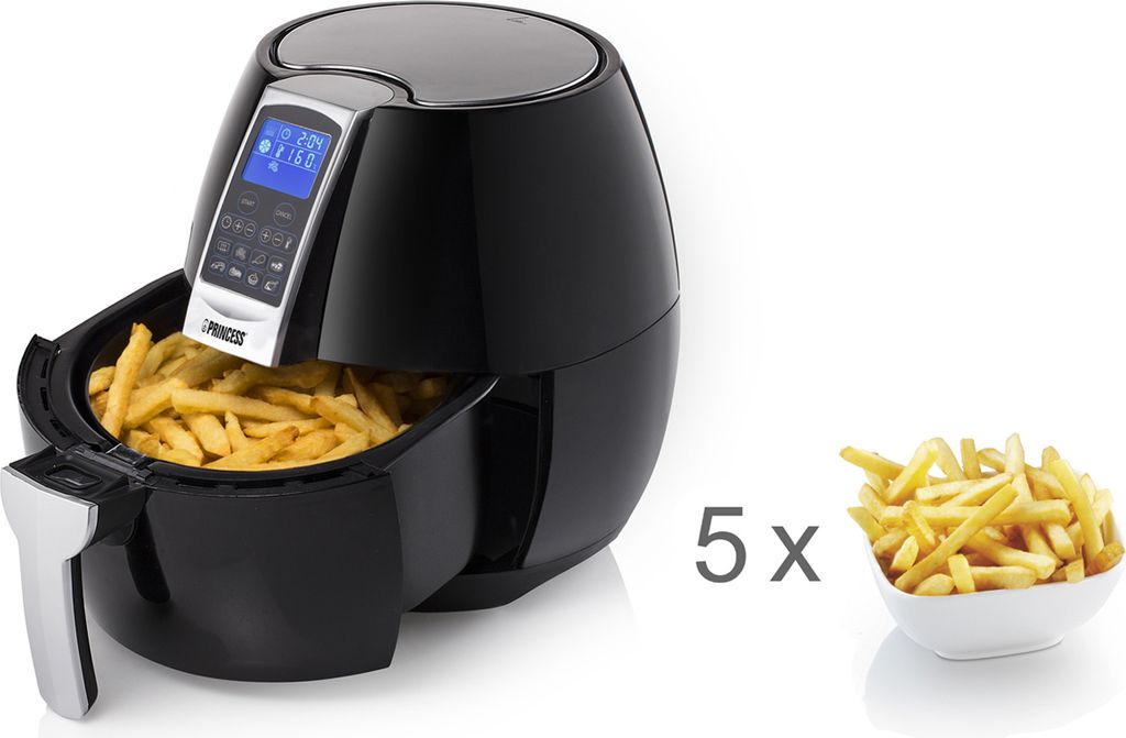A black air fryer with a basket full of french fries, and a separate bowl of french fries with a '5x' label.