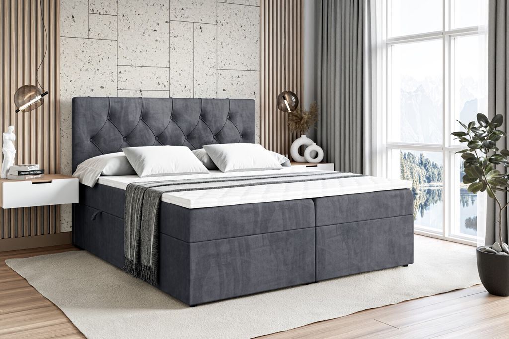 ALTDECOR Boxspringbett mit H4 Matratze und Topper - 120 x 200 cm - MIRAGE - Dunkelgrau Samt - Polsterbett mit Bettkasten und Lattenrost, Bett mit S...