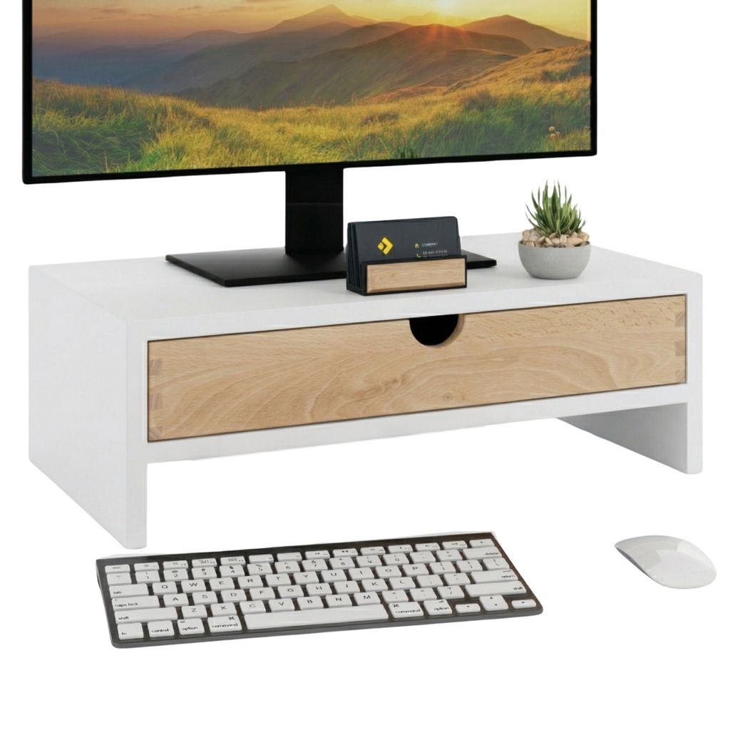 Monitorständer Monitorerhöhung mit Schublade ComfortCove ergonomisch Weiß stabil Schreibtisch Organizer langlebig modern