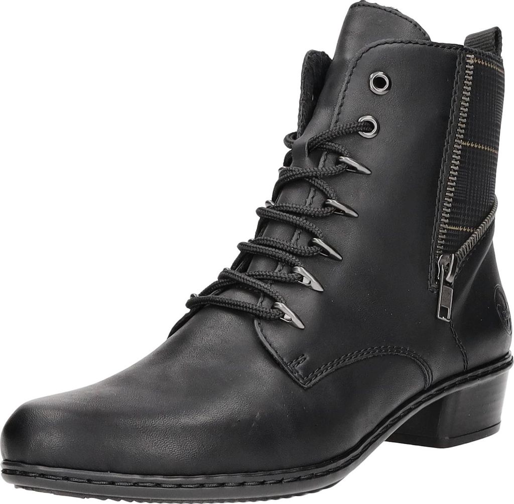 A black leather boot with laces and a side zipper.