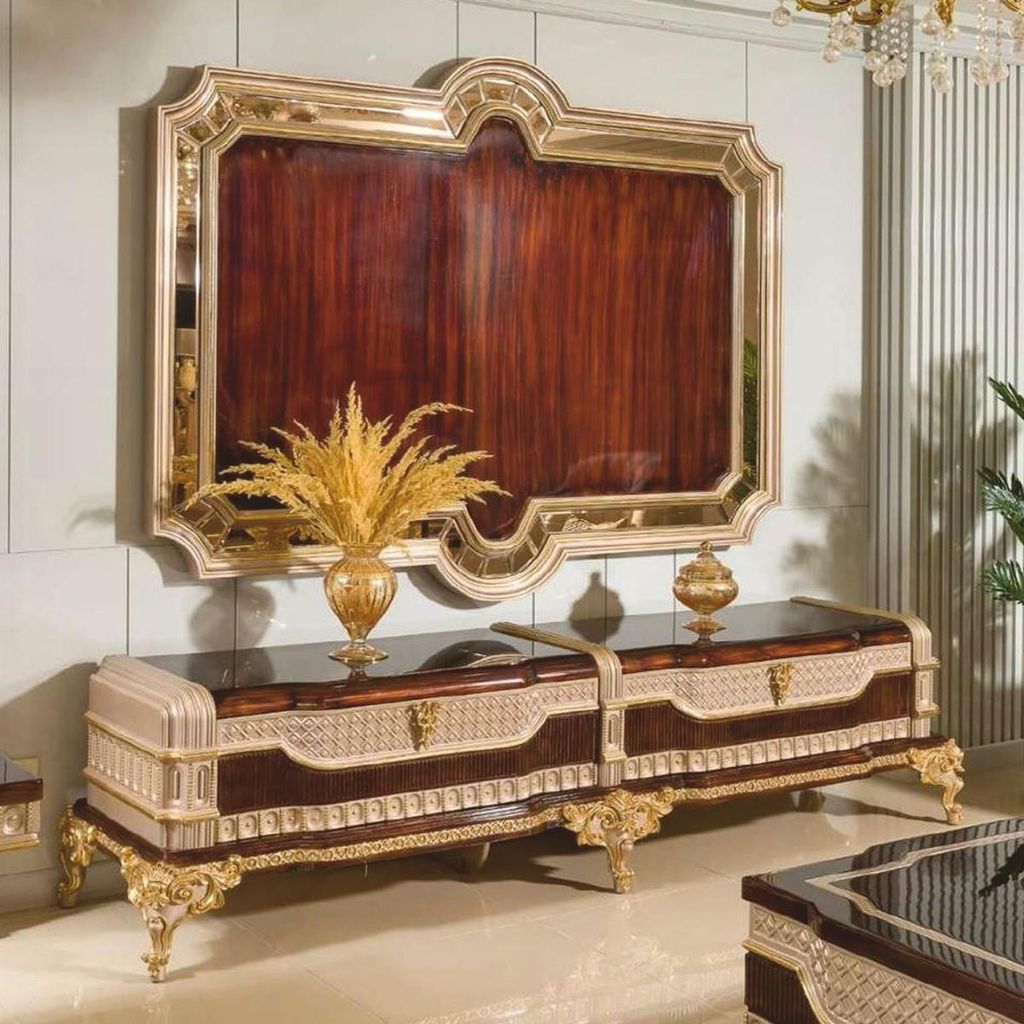 Casa Padrino Luxus Barock TV Schrank mit TV Rückwand Dunkelbraun / Grau / Gold - Barock Möbel