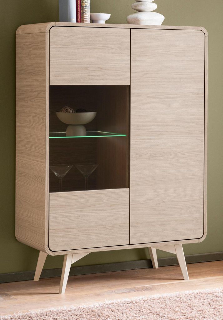 Vitrine "Elverum" in Eiche natur Highboard skandinavisch 90 x 130 cm, mit Push-to-Open