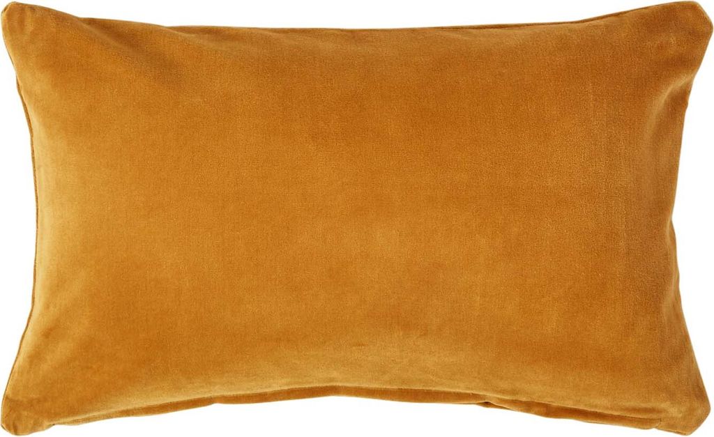 A close-up, front-facing view of a rectangular mustard yellow pillow.
