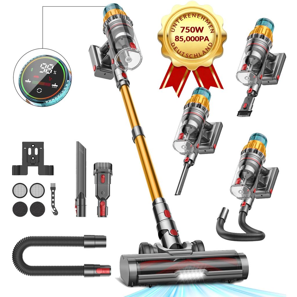 A collage of a cordless vacuum cleaner and its accessories, with a marketing badge.