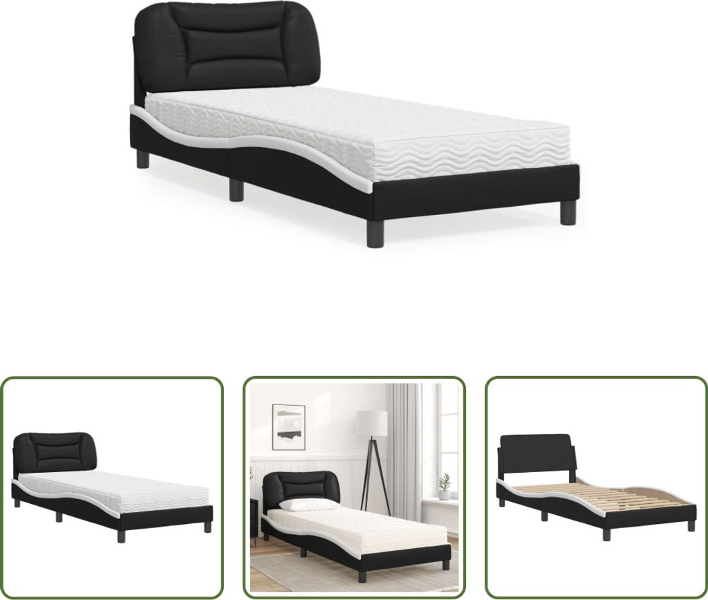 The Living Store Bett mit Matratze Schwarz und Weiß 80x200 cm Kunstleder