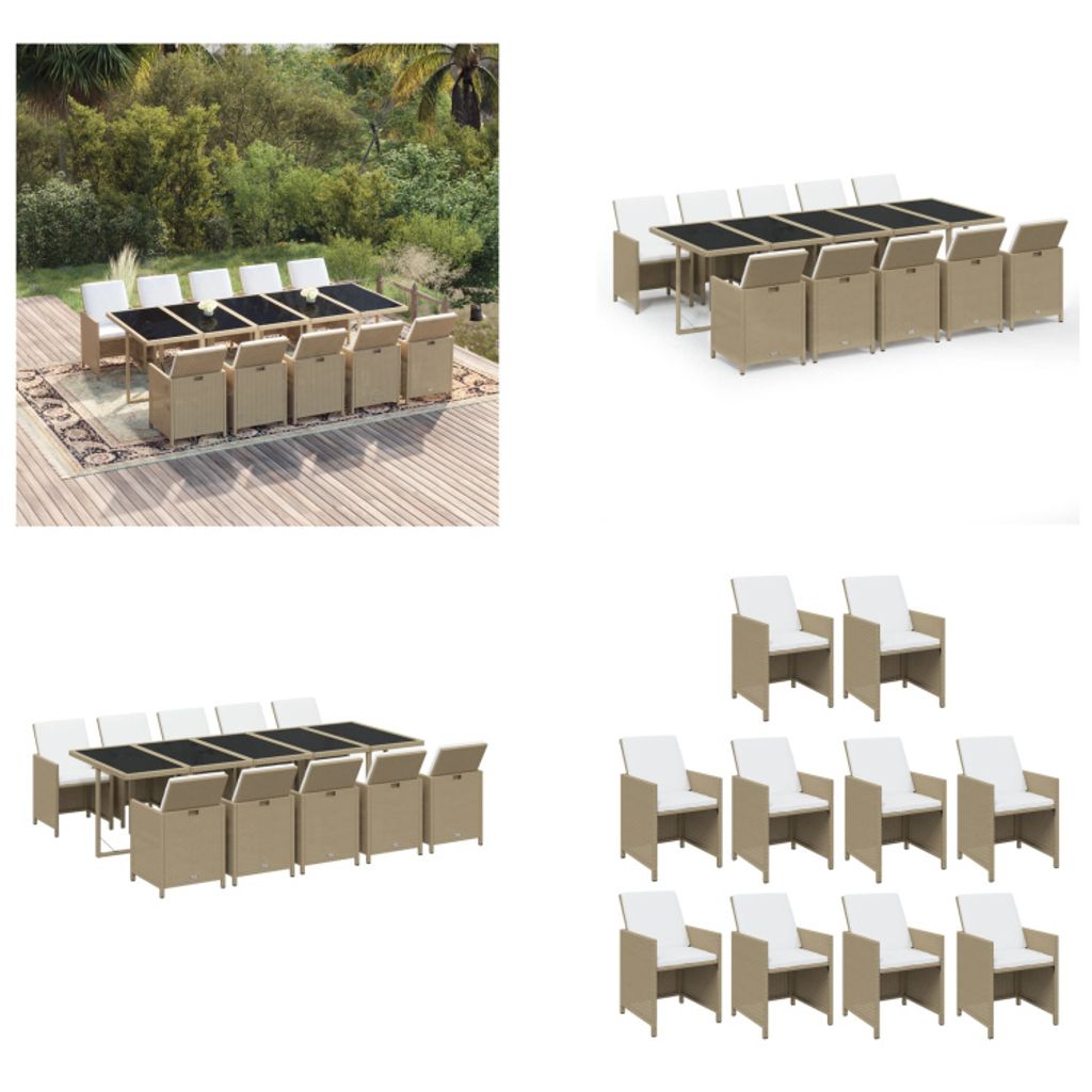 vidaXL 11 tlg. Garten Essgruppe mit Kissen Poly Rattan Beige - Garten Essgruppe - Garten Essgruppen - Essgruppe Poly Rattan - Outdoor Essgruppe